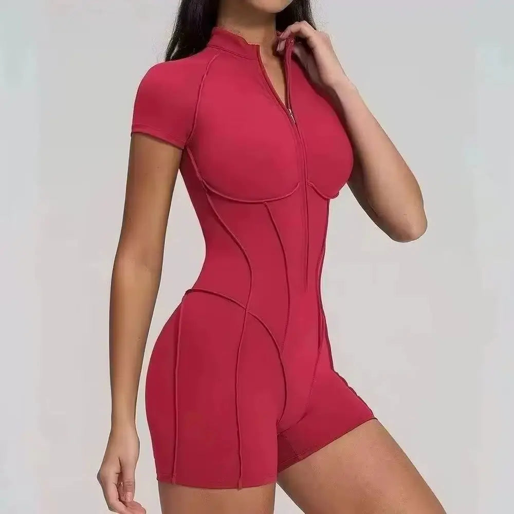 Short-Sleeve Zip Workout Jumpsuit
