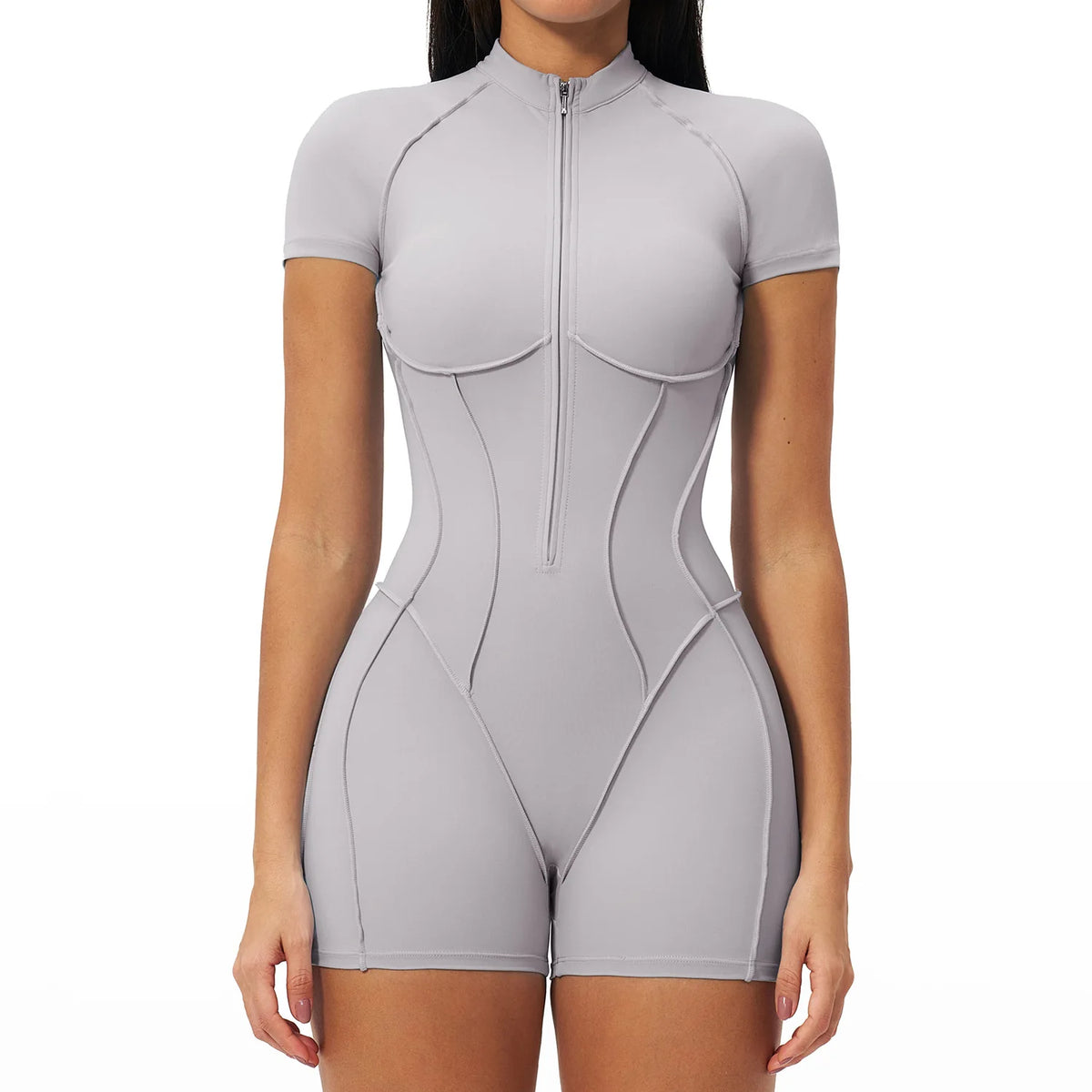 Short-Sleeve Zip Workout Jumpsuit