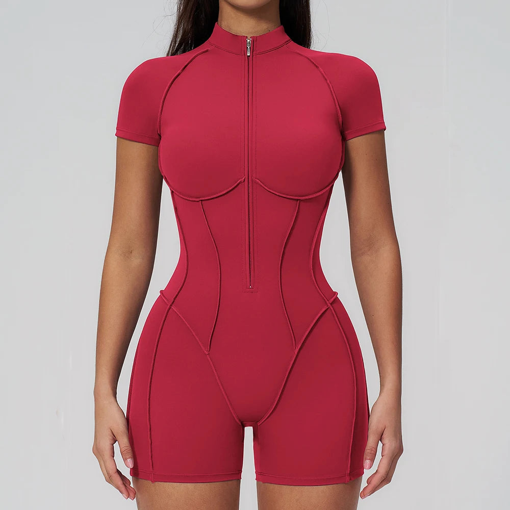 Short-Sleeve Zip Workout Jumpsuit